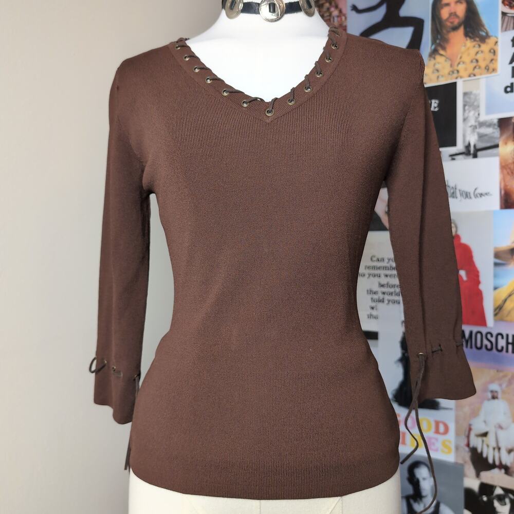 Ribbed Lace-Up V-Neck Top Vintage Western